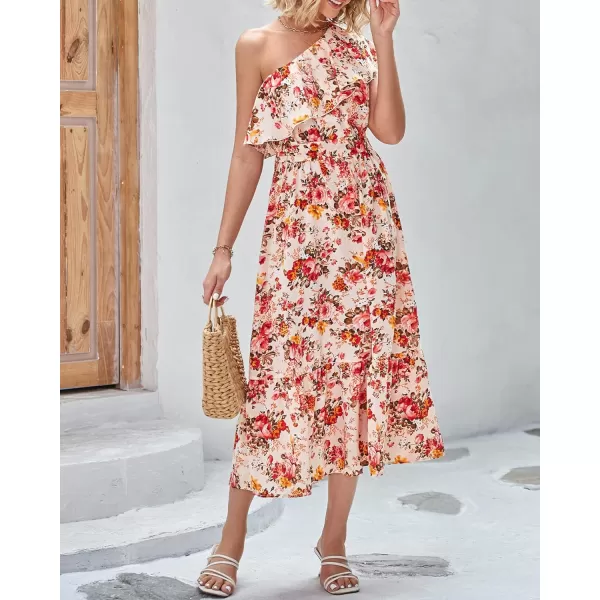imageBTFBM Womens One Shoulder Maxi Dress Sleeveless Casual Summer Layered Ruffle Boho Floral Print Party Beach ALine DressesFloral Apricot Red