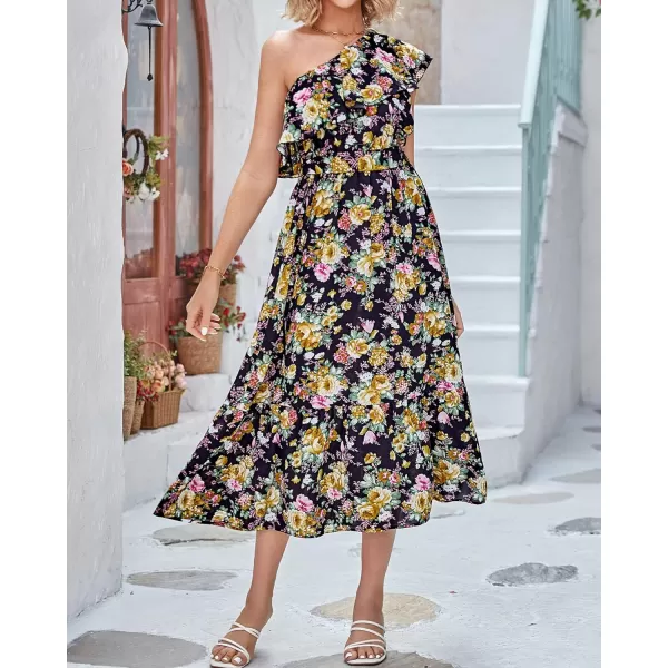 imageBTFBM Womens One Shoulder Maxi Dress Sleeveless Casual Summer Layered Ruffle Boho Floral Print Party Beach ALine DressesFloral Black Yellow