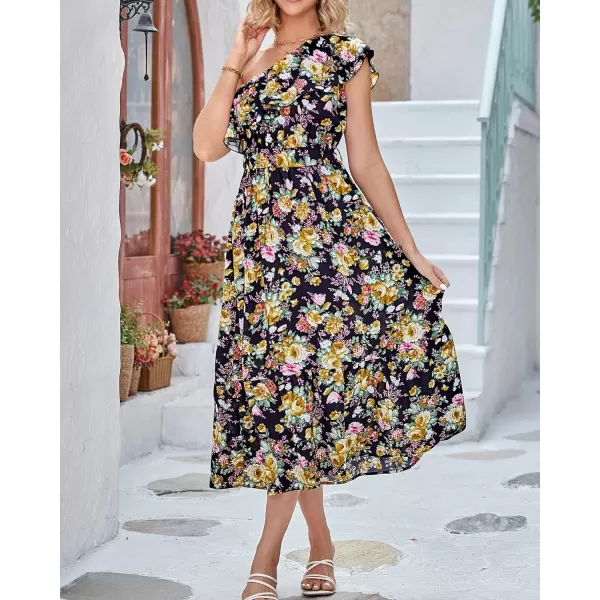 imageBTFBM Womens One Shoulder Maxi Dress Sleeveless Casual Summer Layered Ruffle Boho Floral Print Party Beach ALine DressesFloral Black Yellow