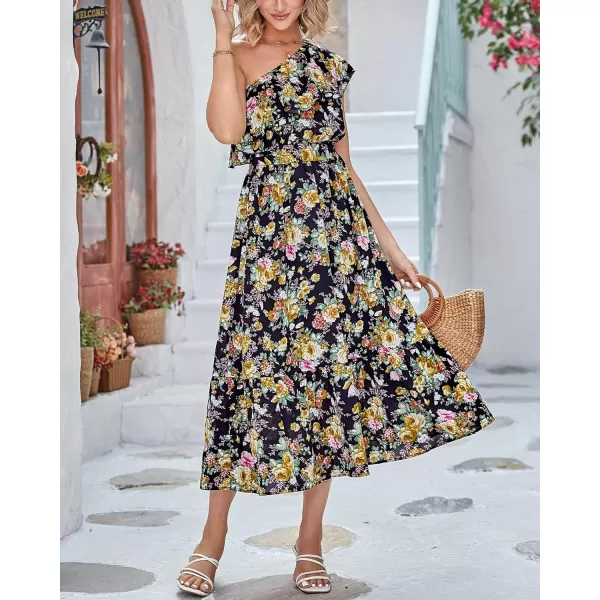 imageBTFBM Womens One Shoulder Maxi Dress Sleeveless Casual Summer Layered Ruffle Boho Floral Print Party Beach ALine DressesFloral Black Yellow