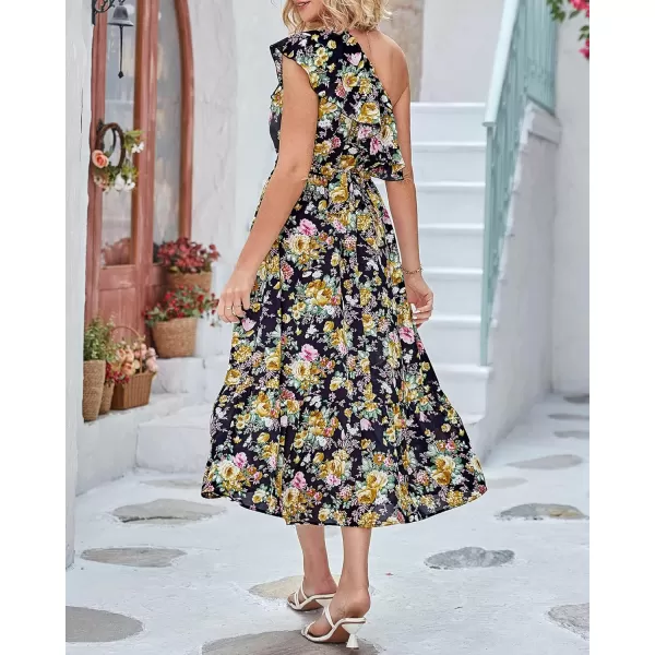 imageBTFBM Womens One Shoulder Maxi Dress Sleeveless Casual Summer Layered Ruffle Boho Floral Print Party Beach ALine DressesFloral Black Yellow