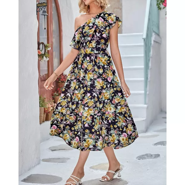 imageBTFBM Womens One Shoulder Maxi Dress Sleeveless Casual Summer Layered Ruffle Boho Floral Print Party Beach ALine DressesFloral Black Yellow