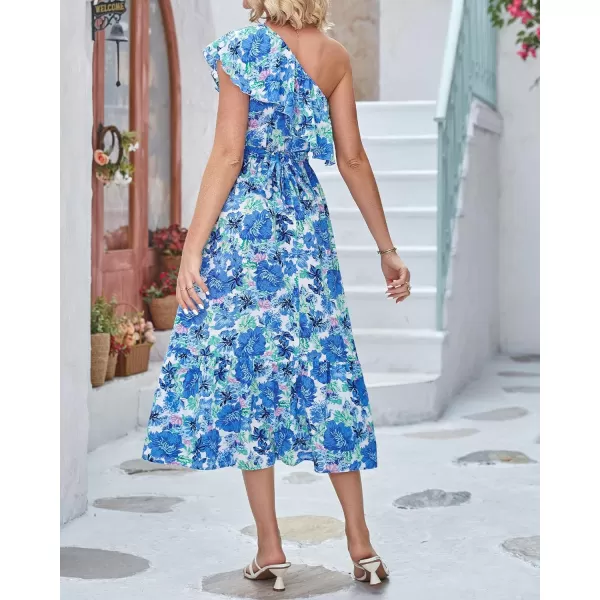 imageBTFBM Womens One Shoulder Maxi Dress Sleeveless Casual Summer Layered Ruffle Boho Floral Print Party Beach ALine DressesFloral Blue