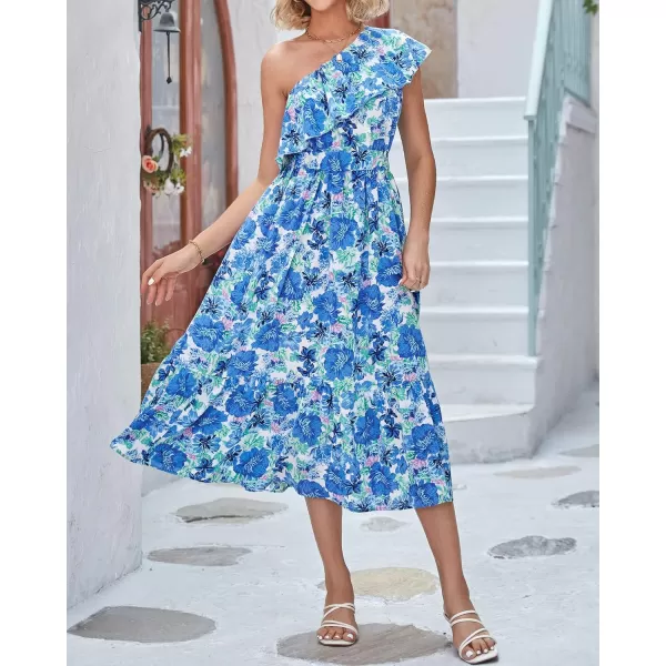 imageBTFBM Womens One Shoulder Maxi Dress Sleeveless Casual Summer Layered Ruffle Boho Floral Print Party Beach ALine DressesFloral Blue