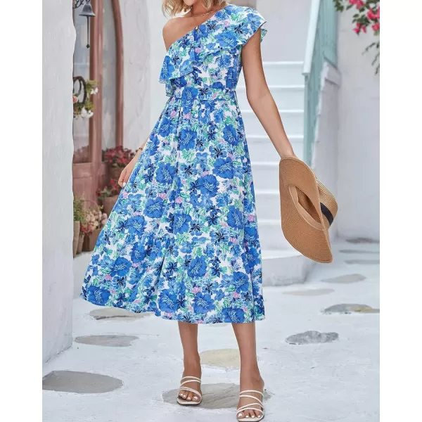 imageBTFBM Womens One Shoulder Maxi Dress Sleeveless Casual Summer Layered Ruffle Boho Floral Print Party Beach ALine DressesFloral Blue