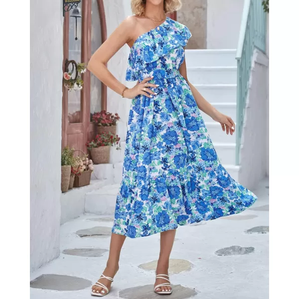 imageBTFBM Womens One Shoulder Maxi Dress Sleeveless Casual Summer Layered Ruffle Boho Floral Print Party Beach ALine DressesFloral Blue