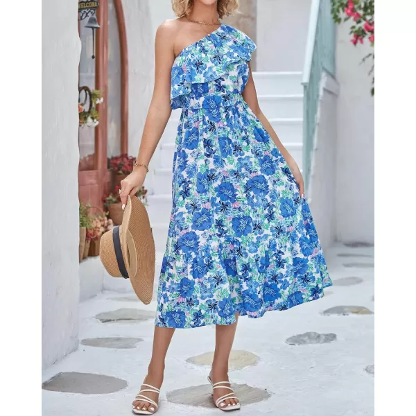 imageBTFBM Womens One Shoulder Maxi Dress Sleeveless Casual Summer Layered Ruffle Boho Floral Print Party Beach ALine DressesFloral Blue