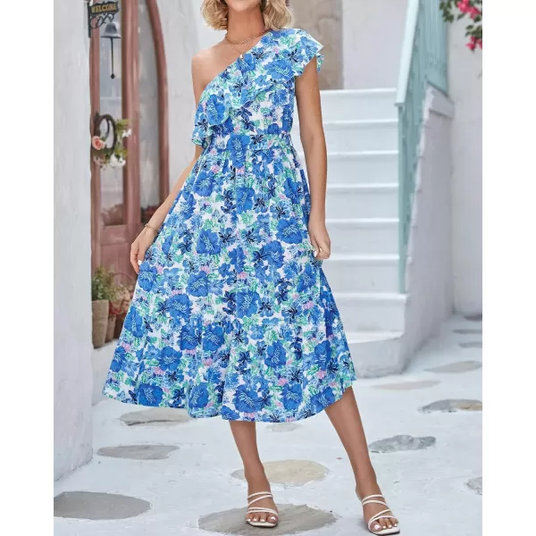imageBTFBM Womens One Shoulder Maxi Dress Sleeveless Casual Summer Layered Ruffle Boho Floral Print Party Beach ALine DressesFloral Blue