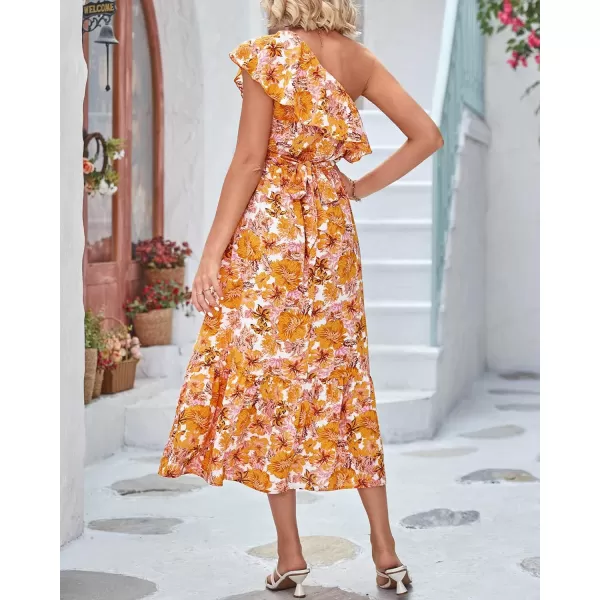 imageBTFBM Womens One Shoulder Maxi Dress Sleeveless Casual Summer Layered Ruffle Boho Floral Print Party Beach ALine DressesFloral Orange