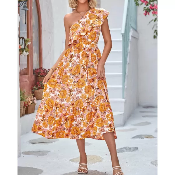 imageBTFBM Womens One Shoulder Maxi Dress Sleeveless Casual Summer Layered Ruffle Boho Floral Print Party Beach ALine DressesFloral Orange