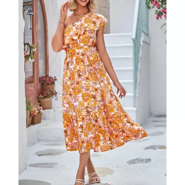 imageBTFBM Womens One Shoulder Maxi Dress Sleeveless Casual Summer Layered Ruffle Boho Floral Print Party Beach ALine DressesFloral Orange