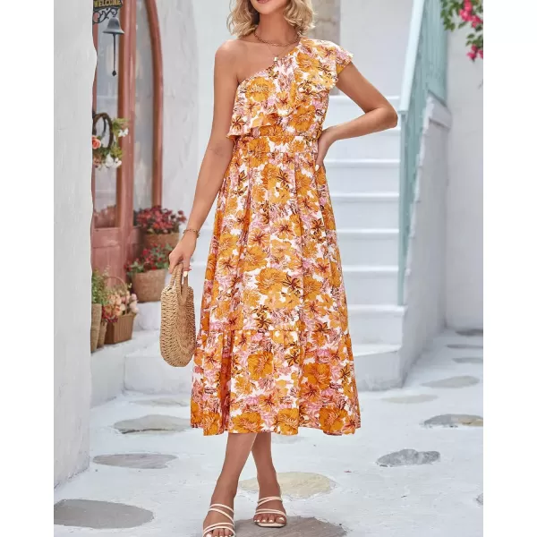imageBTFBM Womens One Shoulder Maxi Dress Sleeveless Casual Summer Layered Ruffle Boho Floral Print Party Beach ALine DressesFloral Orange