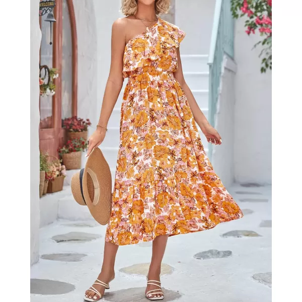 imageBTFBM Womens One Shoulder Maxi Dress Sleeveless Casual Summer Layered Ruffle Boho Floral Print Party Beach ALine DressesFloral Orange