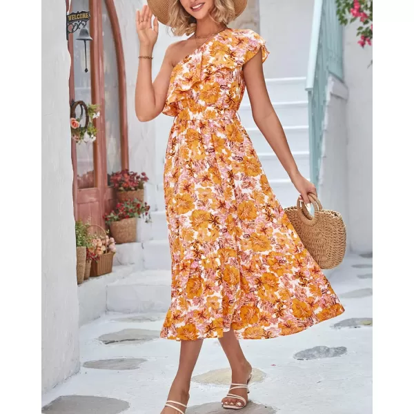 imageBTFBM Womens One Shoulder Maxi Dress Sleeveless Casual Summer Layered Ruffle Boho Floral Print Party Beach ALine DressesFloral Orange