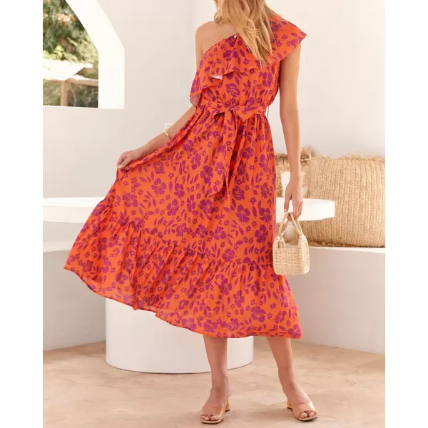 imageBTFBM Womens One Shoulder Maxi Dress Sleeveless Casual Summer Layered Ruffle Boho Floral Print Party Beach ALine DressesFloral Orange Purple