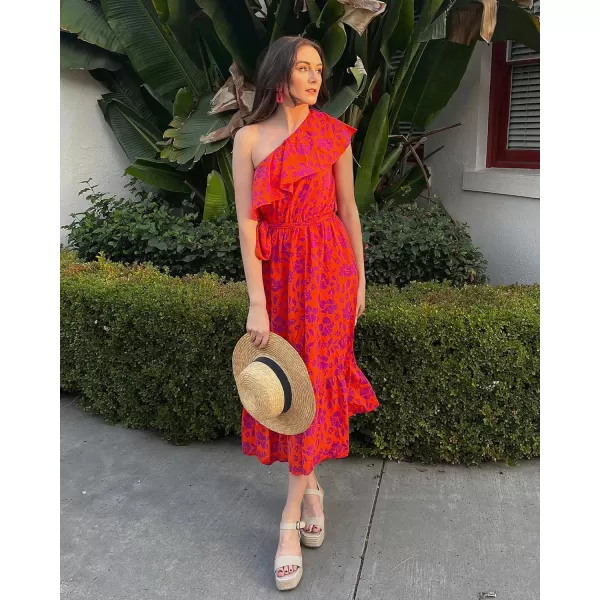 imageBTFBM Womens One Shoulder Maxi Dress Sleeveless Casual Summer Layered Ruffle Boho Floral Print Party Beach ALine DressesFloral Orange Purple