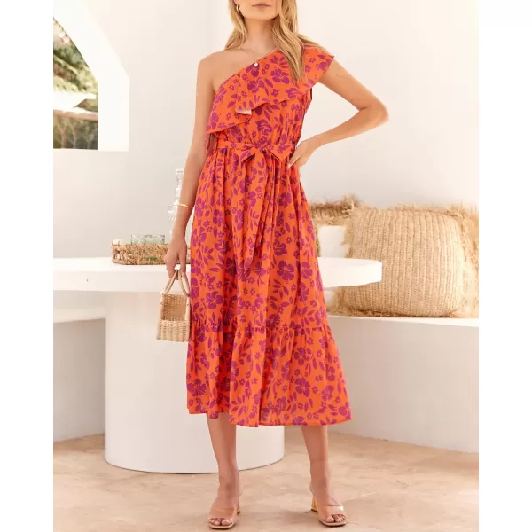 imageBTFBM Womens One Shoulder Maxi Dress Sleeveless Casual Summer Layered Ruffle Boho Floral Print Party Beach ALine DressesFloral Orange Purple