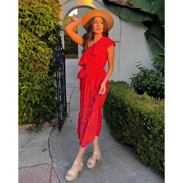 imageBTFBM Womens One Shoulder Maxi Dress Sleeveless Casual Summer Layered Ruffle Boho Floral Print Party Beach ALine DressesFloral Orange Purple