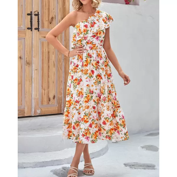 imageBTFBM Womens One Shoulder Maxi Dress Sleeveless Casual Summer Layered Ruffle Boho Floral Print Party Beach ALine DressesFloral White Orange