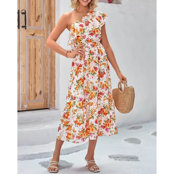 imageBTFBM Womens One Shoulder Maxi Dress Sleeveless Casual Summer Layered Ruffle Boho Floral Print Party Beach ALine DressesFloral White Orange