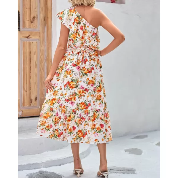 imageBTFBM Womens One Shoulder Maxi Dress Sleeveless Casual Summer Layered Ruffle Boho Floral Print Party Beach ALine DressesFloral White Orange