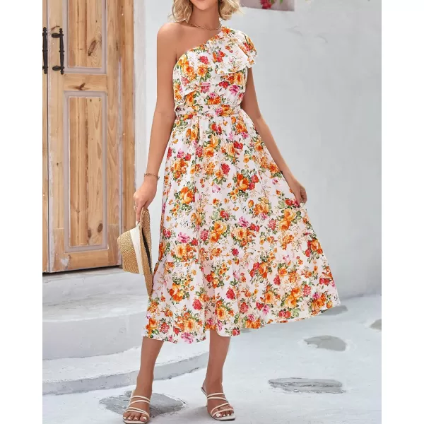imageBTFBM Womens One Shoulder Maxi Dress Sleeveless Casual Summer Layered Ruffle Boho Floral Print Party Beach ALine DressesFloral White Orange