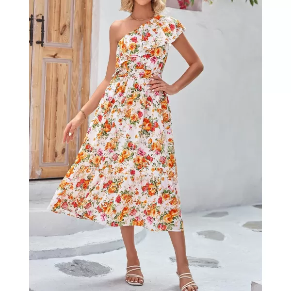 imageBTFBM Womens One Shoulder Maxi Dress Sleeveless Casual Summer Layered Ruffle Boho Floral Print Party Beach ALine DressesFloral White Orange