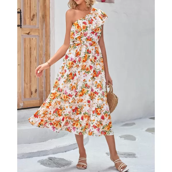 imageBTFBM Womens One Shoulder Maxi Dress Sleeveless Casual Summer Layered Ruffle Boho Floral Print Party Beach ALine DressesFloral White Orange