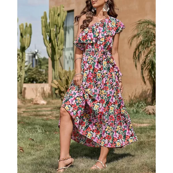 imageBTFBM Womens One Shoulder Maxi Dress Sleeveless Casual Summer Layered Ruffle Boho Floral Print Party Beach ALine DressesMulticolored Black