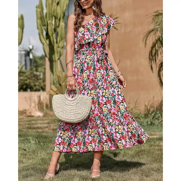 imageBTFBM Womens One Shoulder Maxi Dress Sleeveless Casual Summer Layered Ruffle Boho Floral Print Party Beach ALine DressesMulticolored Black