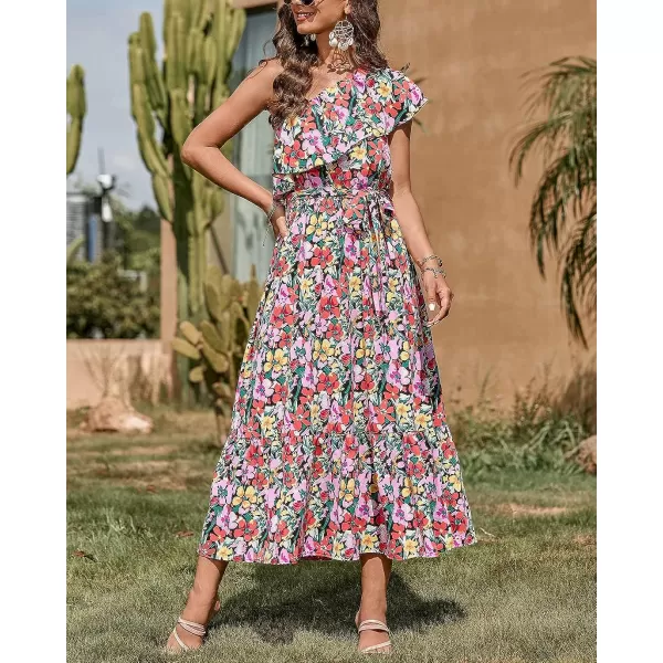 imageBTFBM Womens One Shoulder Maxi Dress Sleeveless Casual Summer Layered Ruffle Boho Floral Print Party Beach ALine DressesMulticolored Black