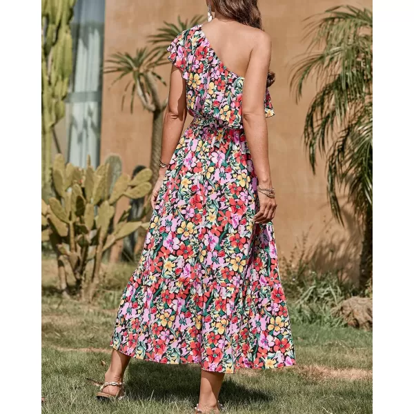 imageBTFBM Womens One Shoulder Maxi Dress Sleeveless Casual Summer Layered Ruffle Boho Floral Print Party Beach ALine DressesMulticolored Black
