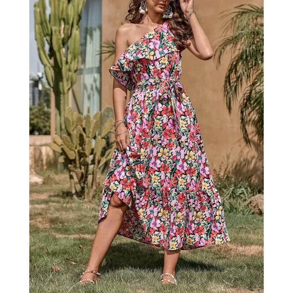 imageBTFBM Womens One Shoulder Maxi Dress Sleeveless Casual Summer Layered Ruffle Boho Floral Print Party Beach ALine DressesMulticolored Black