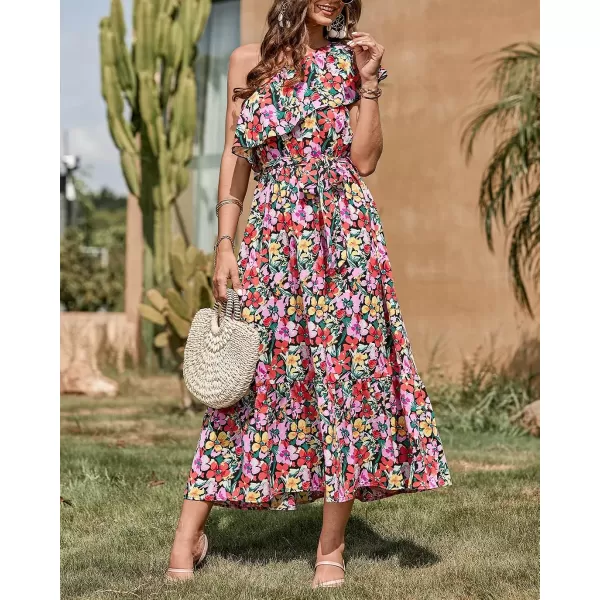 imageBTFBM Womens One Shoulder Maxi Dress Sleeveless Casual Summer Layered Ruffle Boho Floral Print Party Beach ALine DressesMulticolored Black