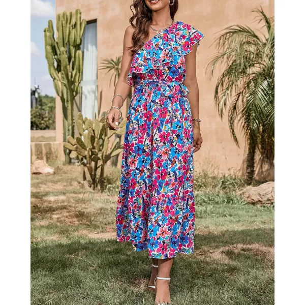 imageBTFBM Womens One Shoulder Maxi Dress Sleeveless Casual Summer Layered Ruffle Boho Floral Print Party Beach ALine DressesMulticolored Blue