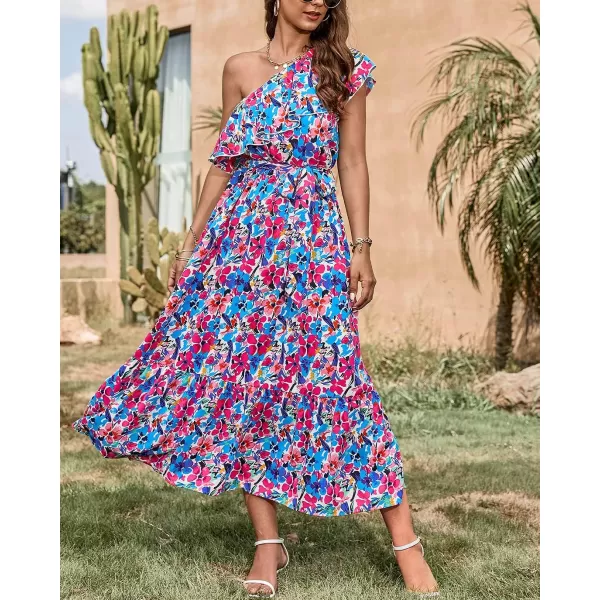 imageBTFBM Womens One Shoulder Maxi Dress Sleeveless Casual Summer Layered Ruffle Boho Floral Print Party Beach ALine DressesMulticolored Blue