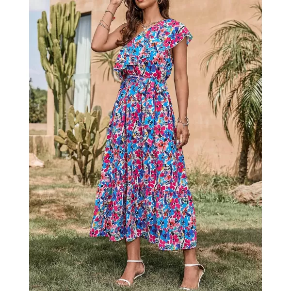 imageBTFBM Womens One Shoulder Maxi Dress Sleeveless Casual Summer Layered Ruffle Boho Floral Print Party Beach ALine DressesMulticolored Blue