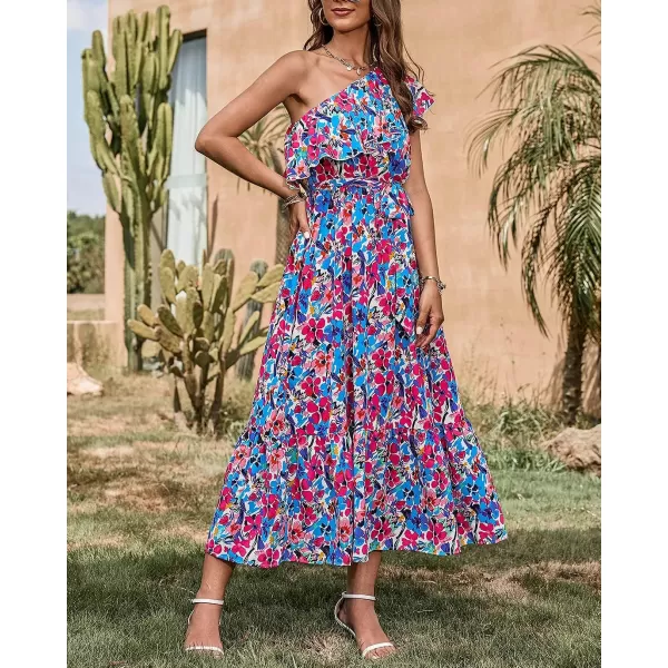 imageBTFBM Womens One Shoulder Maxi Dress Sleeveless Casual Summer Layered Ruffle Boho Floral Print Party Beach ALine DressesMulticolored Blue