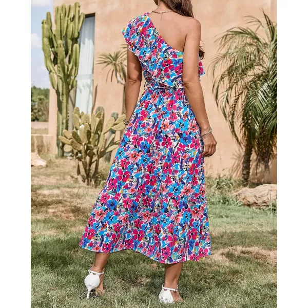 imageBTFBM Womens One Shoulder Maxi Dress Sleeveless Casual Summer Layered Ruffle Boho Floral Print Party Beach ALine DressesMulticolored Blue
