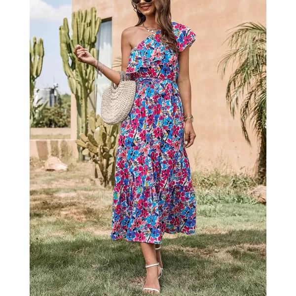 imageBTFBM Womens One Shoulder Maxi Dress Sleeveless Casual Summer Layered Ruffle Boho Floral Print Party Beach ALine DressesMulticolored Blue