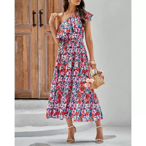 imageBTFBM Womens One Shoulder Maxi Dress Sleeveless Casual Summer Layered Ruffle Boho Floral Print Party Beach ALine DressesMulticolored Navy