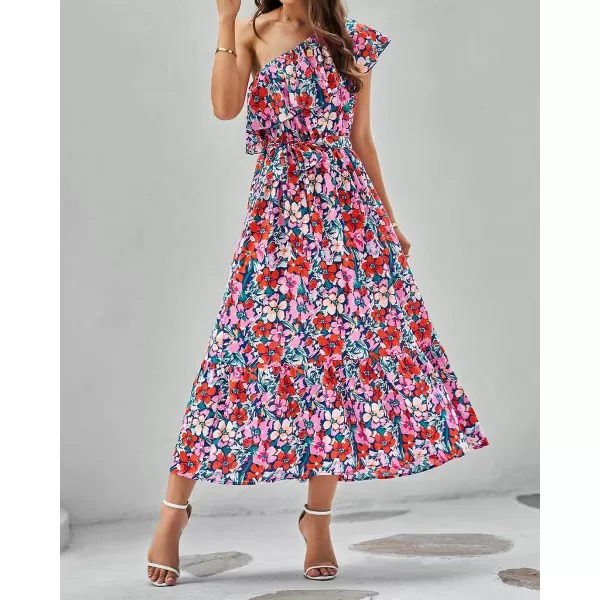 imageBTFBM Womens One Shoulder Maxi Dress Sleeveless Casual Summer Layered Ruffle Boho Floral Print Party Beach ALine DressesMulticolored Navy
