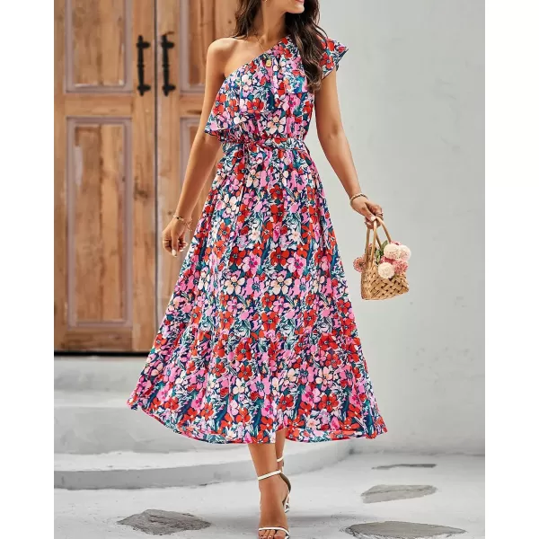 imageBTFBM Womens One Shoulder Maxi Dress Sleeveless Casual Summer Layered Ruffle Boho Floral Print Party Beach ALine DressesMulticolored Navy