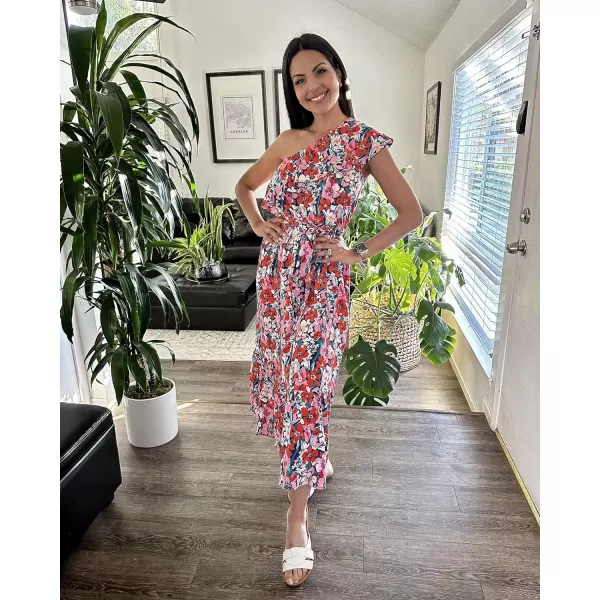 imageBTFBM Womens One Shoulder Maxi Dress Sleeveless Casual Summer Layered Ruffle Boho Floral Print Party Beach ALine DressesMulticolored Navy