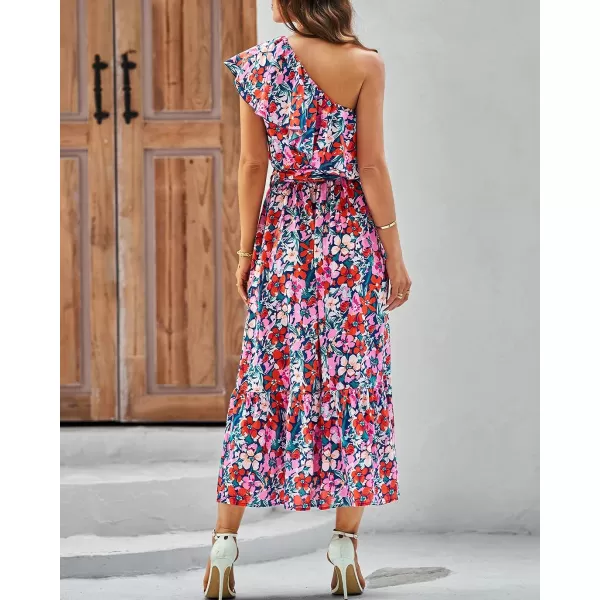 imageBTFBM Womens One Shoulder Maxi Dress Sleeveless Casual Summer Layered Ruffle Boho Floral Print Party Beach ALine DressesMulticolored Navy