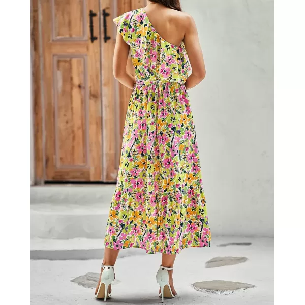 imageBTFBM Womens One Shoulder Maxi Dress Sleeveless Casual Summer Layered Ruffle Boho Floral Print Party Beach ALine DressesMulticolored Pink