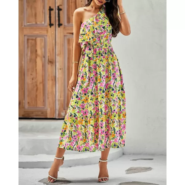 imageBTFBM Womens One Shoulder Maxi Dress Sleeveless Casual Summer Layered Ruffle Boho Floral Print Party Beach ALine DressesMulticolored Pink