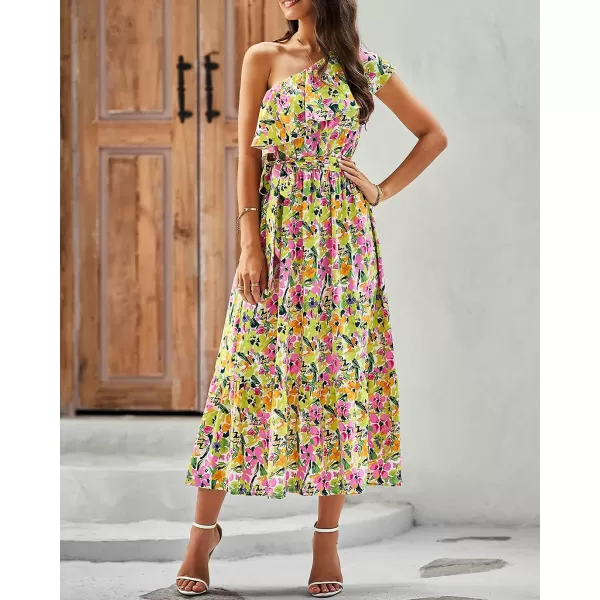 imageBTFBM Womens One Shoulder Maxi Dress Sleeveless Casual Summer Layered Ruffle Boho Floral Print Party Beach ALine DressesMulticolored Pink