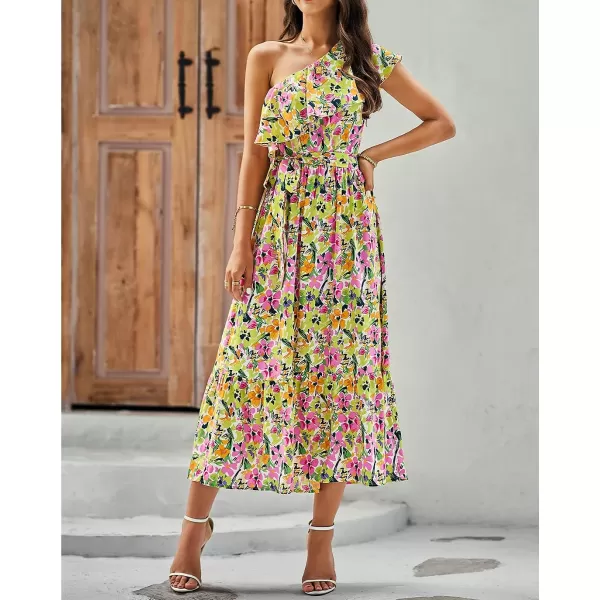 imageBTFBM Womens One Shoulder Maxi Dress Sleeveless Casual Summer Layered Ruffle Boho Floral Print Party Beach ALine DressesMulticolored Pink
