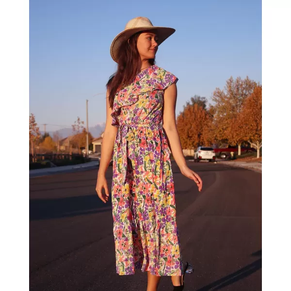 imageBTFBM Womens One Shoulder Maxi Dress Sleeveless Casual Summer Layered Ruffle Boho Floral Print Party Beach ALine DressesMulticolored Purple